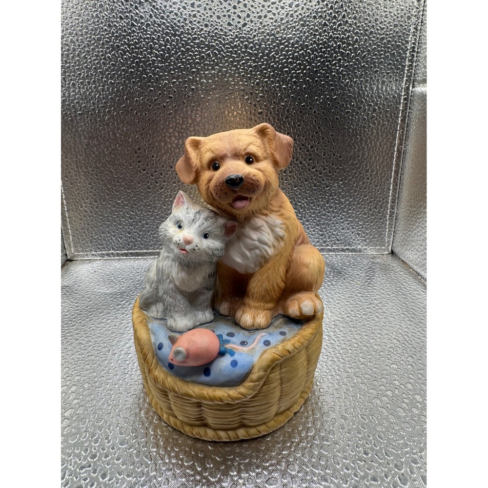 San Francisco Music Box Company 1992 Puppy and Kitten in Basket Musical Figurine